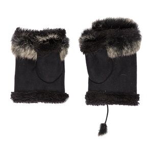 Vintage Shearling Suede Fingerless Gloves Rabbit Fur Trim Black Ivory Mittens